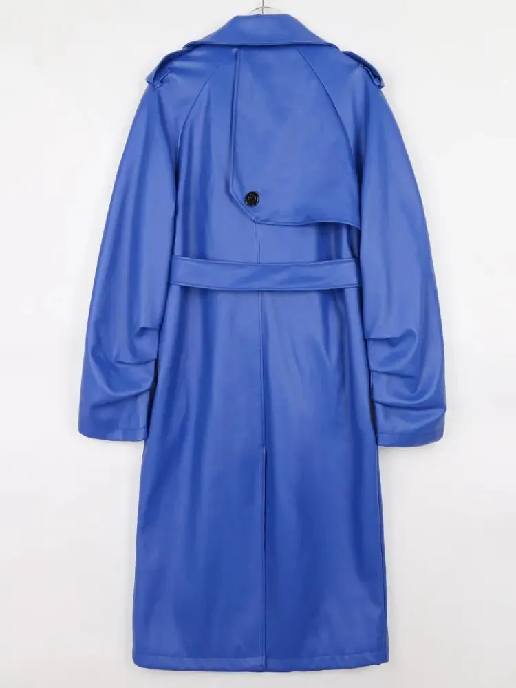Women Faux Leather Solid Belted Long Trench Coat