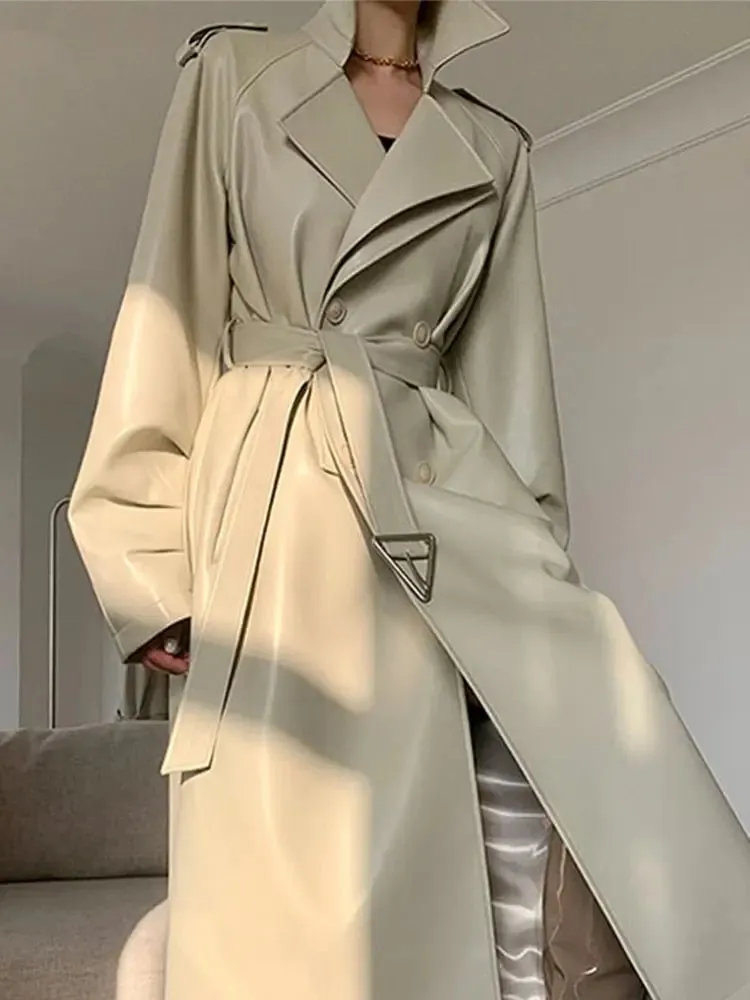 Women Faux Leather Solid Belted Long Trench Coat