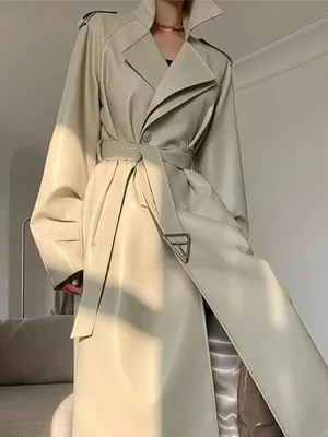 Women Faux Leather Solid Belted Long Trench Coat