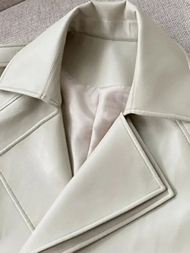 Women Faux Leather Solid Belted Long Trench Coat