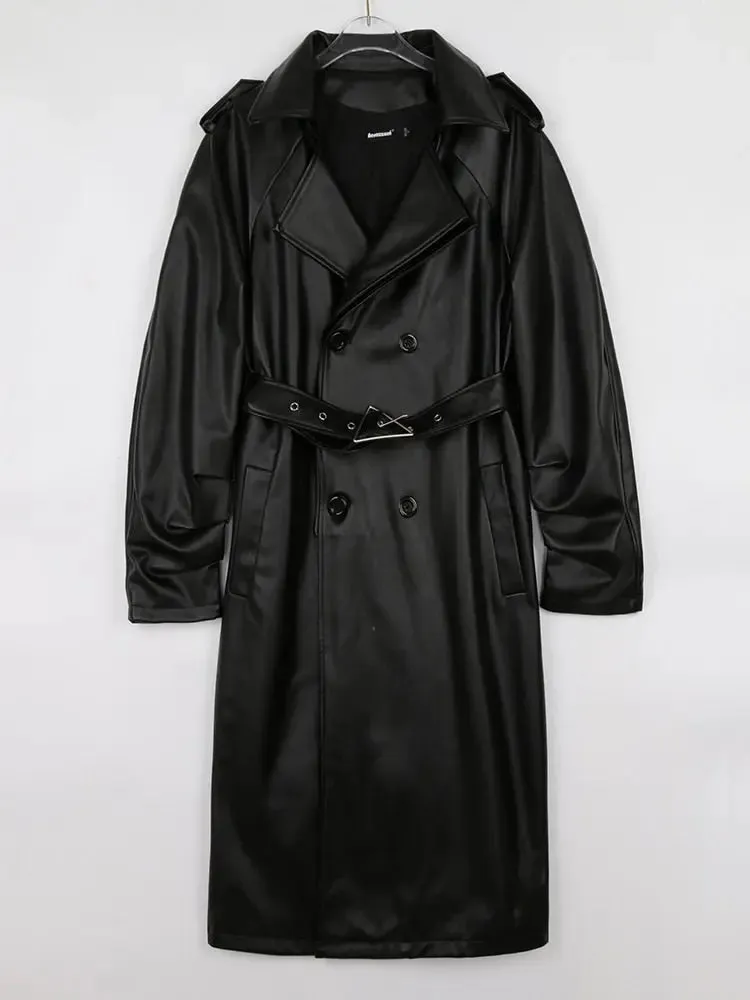 Women Faux Leather Solid Belted Long Trench Coat