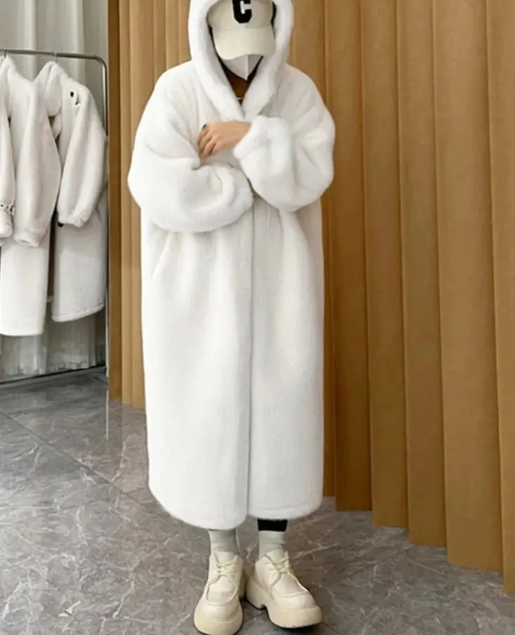 Women Fluffy Faux Fur Hooded Long Trench Coat
