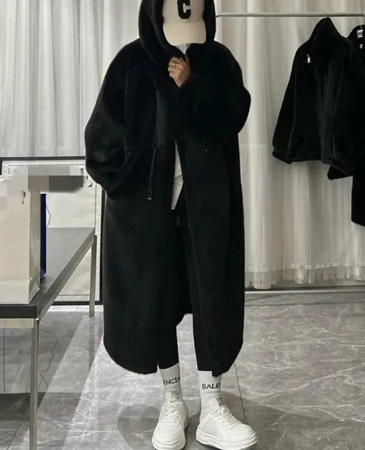 Women Fluffy Faux Fur Hooded Long Trench Coat