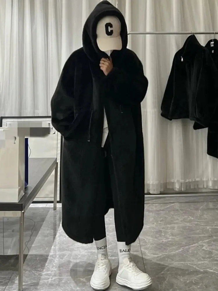 Women Fluffy Faux Fur Hooded Long Trench Coat
