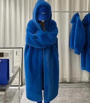 Women Fluffy Faux Fur Hooded Long Trench Coat