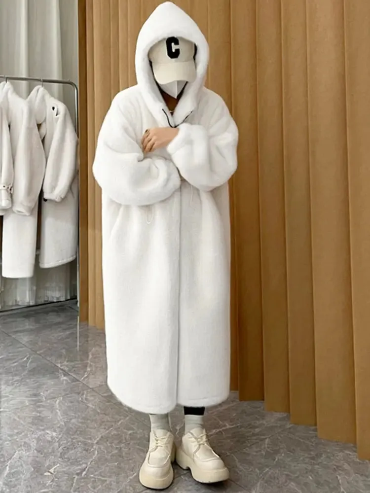 Women Fluffy Faux Fur Hooded Long Trench Coat