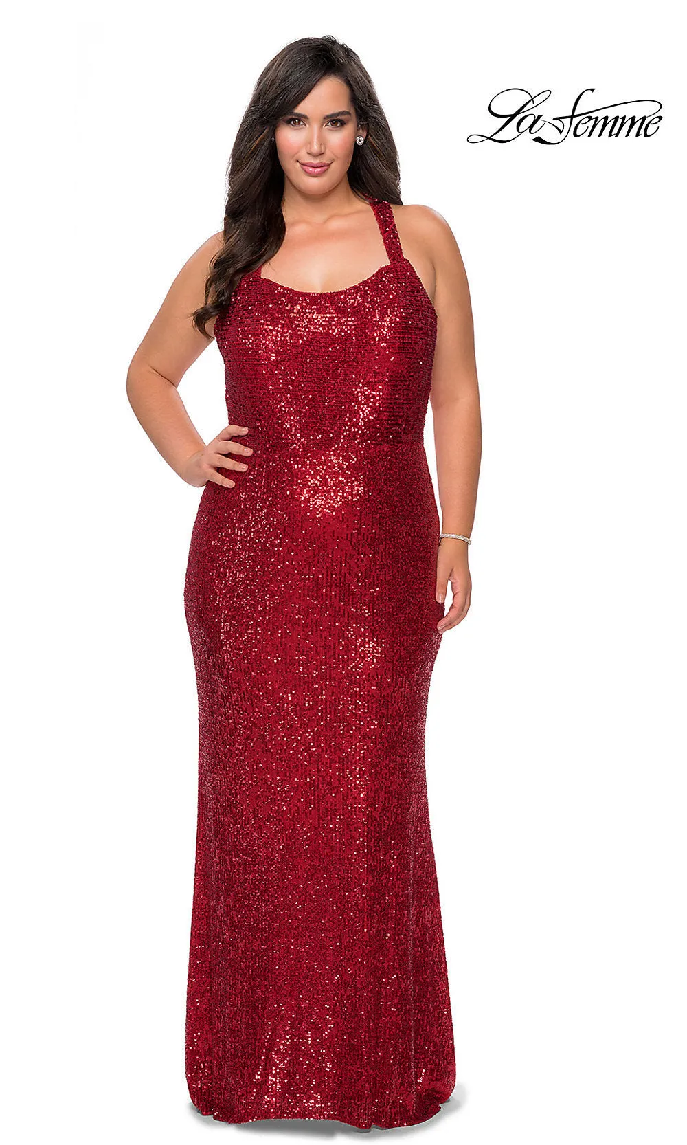 X-Back Long Sequin Plus-Size La Femme Prom Dress