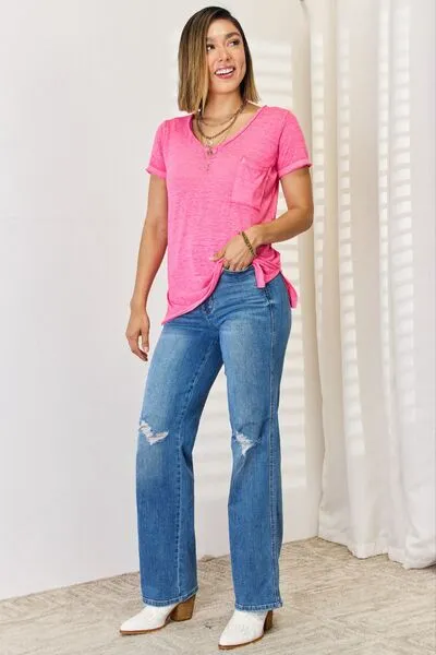 Zenana Fuchsia V-Neck Short Sleeve Slit T-Shirt S-XL